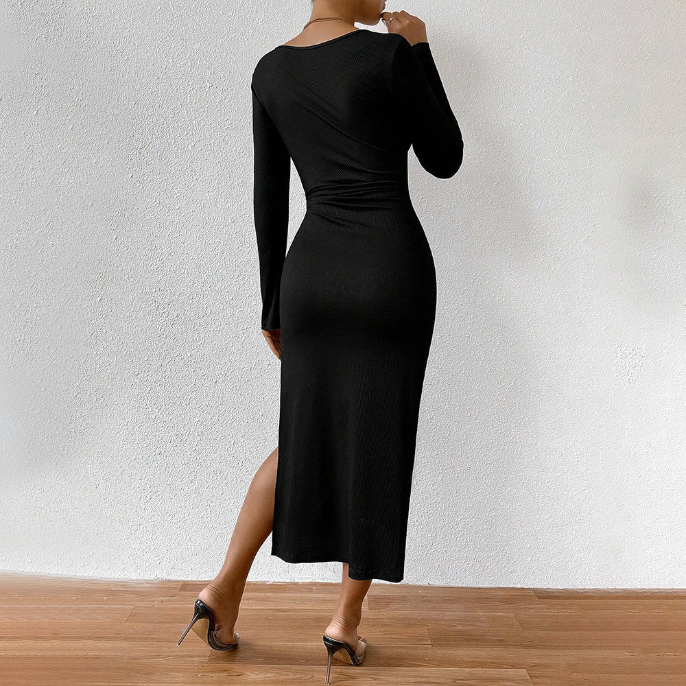 French Elegant Socialite Style Dress For Women Autumn And Winter Square Neck Sexy Slit Fitted Midi Dress