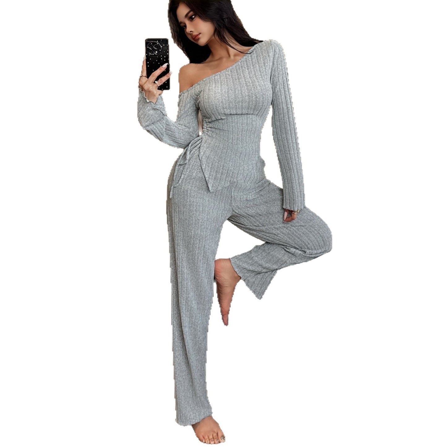 Fashion Sexy Off-the-shoulder Irregular Long Sleeve Trousers Homewear Suit
