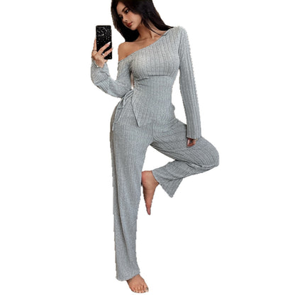 Fashion Sexy Off-the-shoulder Irregular Long Sleeve Trousers Homewear Suit