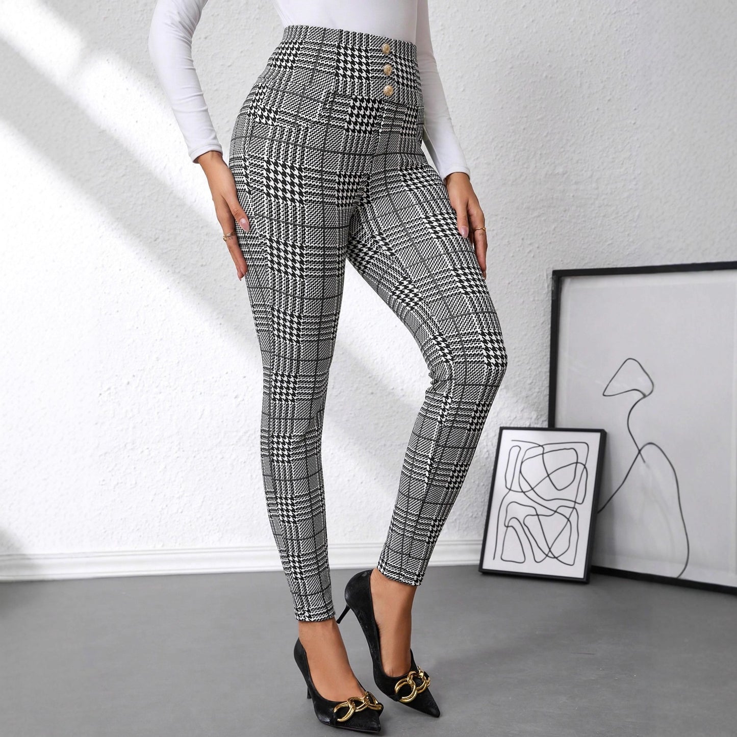 Women's Check Print Button Embellished High-waist Slim-fit Knit Pants