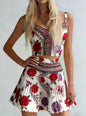 French Retro Style Floral Print Suspender Pleated Skirt Suit For Women