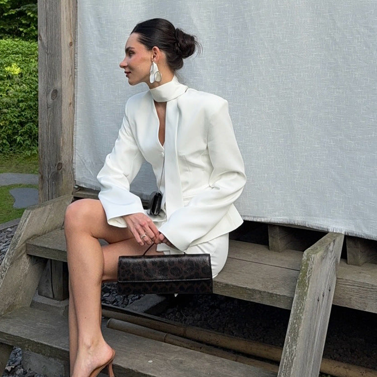 Turtleneck V-neck Long-sleeve Waist-cinching Suit Jacket And Sheath Skirt Two-piece Set