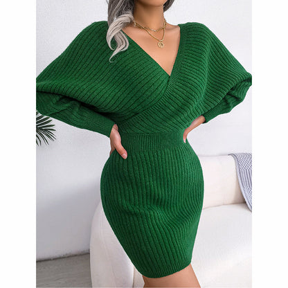 Women's Batwing Sleeve Sweater Dress - Sexy Off The Shoulder V-Neck Mini Dress, Solid Color