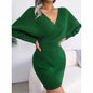 Women's Batwing Sleeve Sweater Dress - Sexy Off The Shoulder V-Neck Mini Dress, Solid Color