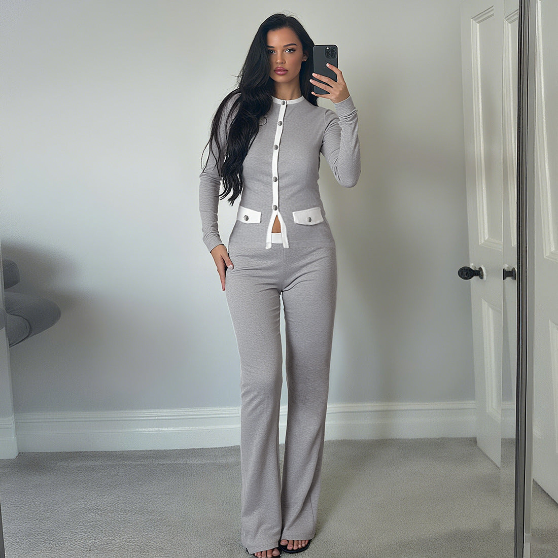 Women's Round Neck Button Contrast Color Suit