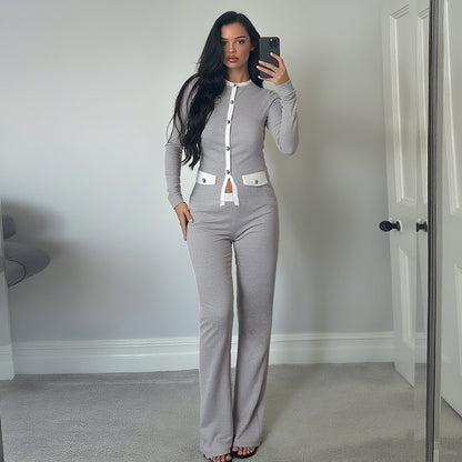 Women's Round Neck Button Contrast Color Suit