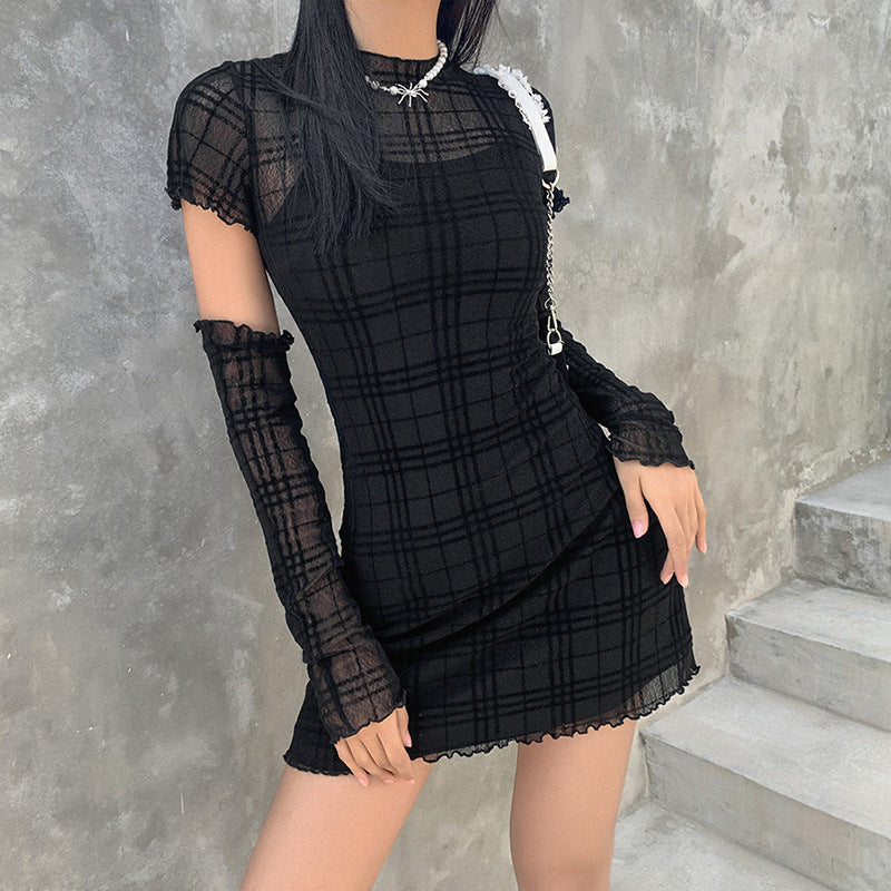 Elegant High-waist Body-hugging Plaid Three-piece Dress Set