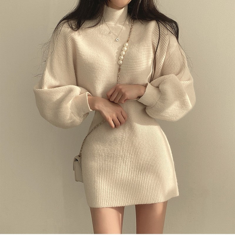 Lantern-sleeve Knitted Sweater Cropped Versatile Dress Set For Women