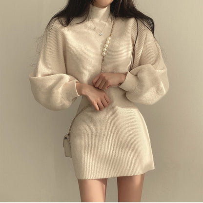 Lantern-sleeve Knitted Sweater Cropped Versatile Dress Set For Women