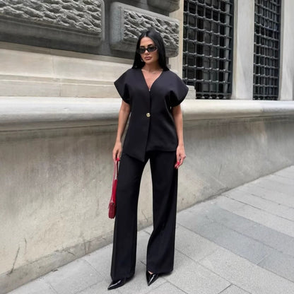 European And American Women's Clothing Button Top Wide Leg Pants Suit