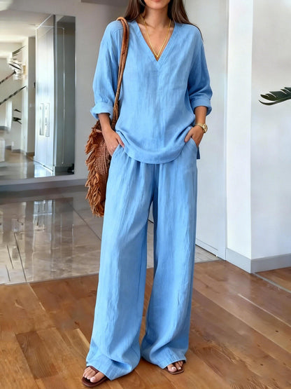 Womens Washed Cotton Multi-Color V-Neck Pullover Long-Sleeve Top And Pants Set