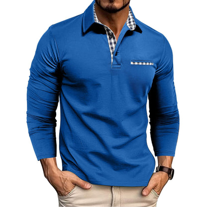 Casual Plaid Splicing Lapel Polo Shirt Fashion Solid Color Long Sleeve Top Men's Clothing