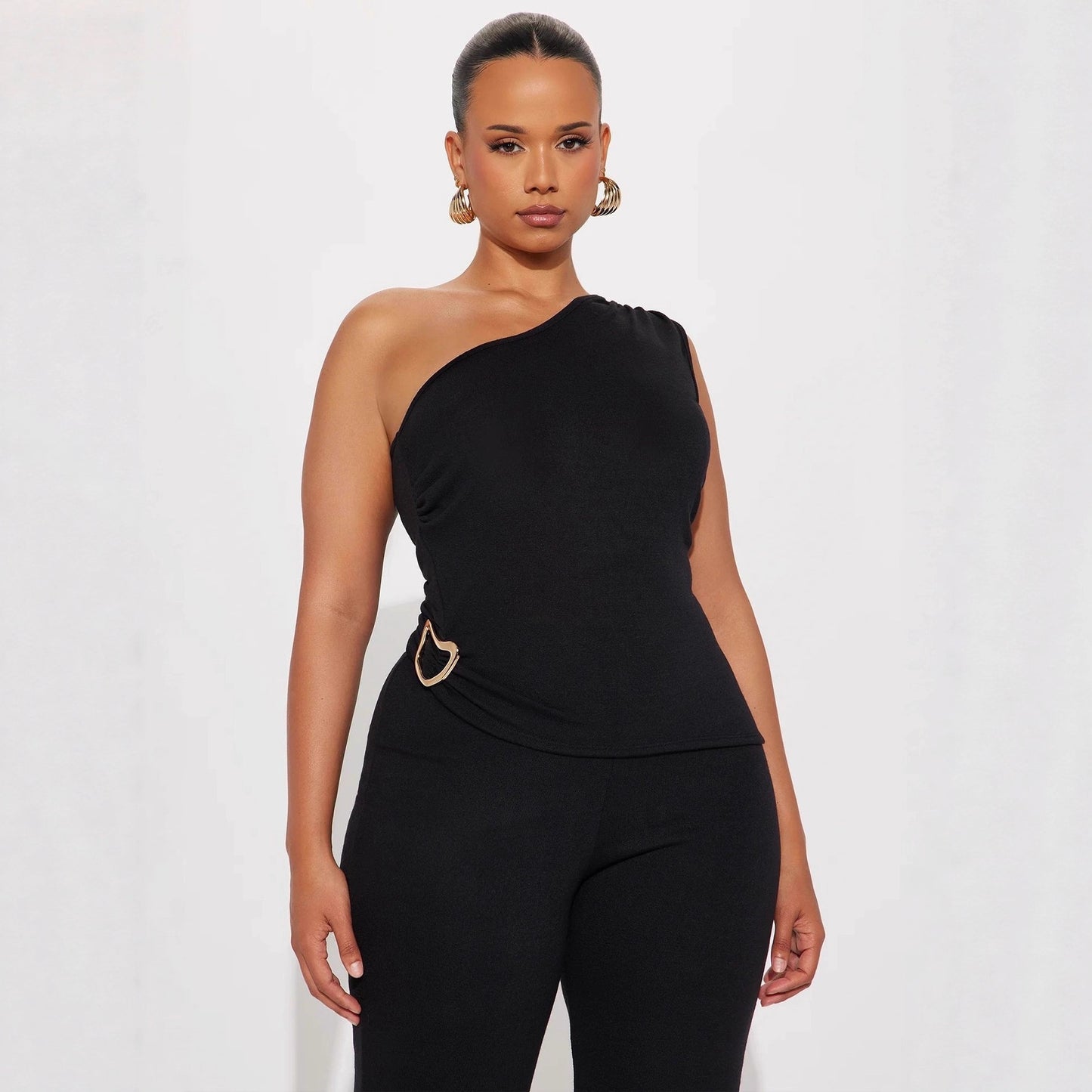 Fashionable Solid-Color Slim-Fit Asymmetrical-Neck Tops And Pants Set That Flatters Your Figure