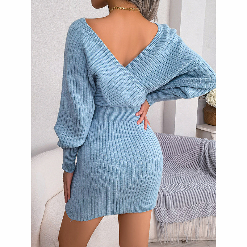 Women's Batwing Sleeve Sweater Dress - Sexy Off The Shoulder V-Neck Mini Dress, Solid Color