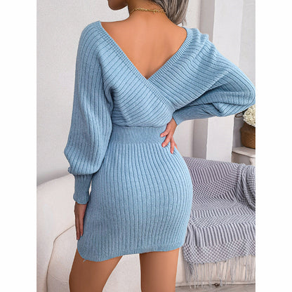 Women's Batwing Sleeve Sweater Dress - Sexy Off The Shoulder V-Neck Mini Dress, Solid Color