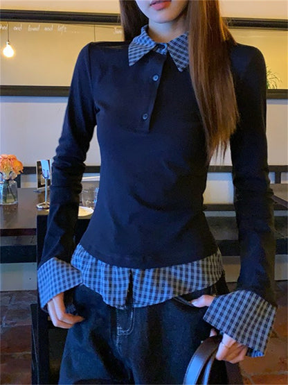 Fashion Fake Two-piece Slim-fit Long-sleeved T-shirt For Women