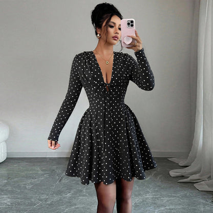Fashionable Sweet Polka-Dot V-Neck Long-Sleeve Elastic-Waist Dress