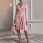 Solid Color Slim-fit Long Sleeve V-pleated Design Dress