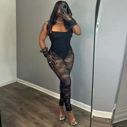 Sexy Women Clothing Sling Style Stitching Sheer Cutout High Elasticity Jumpsuit