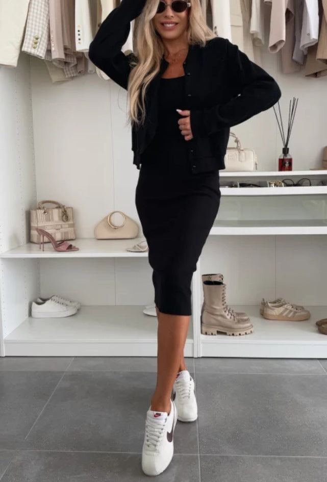 Solid Color Sling Dress Cardigan Outerwear Top Long Skirt Two-piece Set