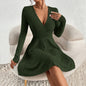 European And American Sexy Women's V-neck Waist-cinching Popular Fabric Ribbed Brushed Long-sleeve Dress
