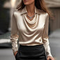 Women's Swing Collar Draped Shirts & Blouses Elegant Solid Satin Office Ladies Top Pullover Spring Long Sleeve Casual Tops