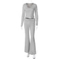 Fashion Midriff-baring Long Sleeve Top Waist-tight Solid Color Wide-leg Pants Suit