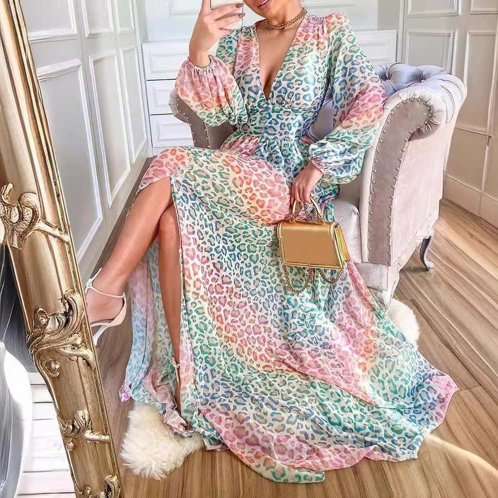 Women's Lantern Sleeve Color Leopard Print Casual Dress