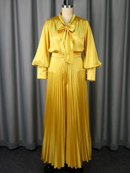 Sexy V-neck Bow Long Sleeve Top Elegant Pleated Wide Leg Trousers Suit
