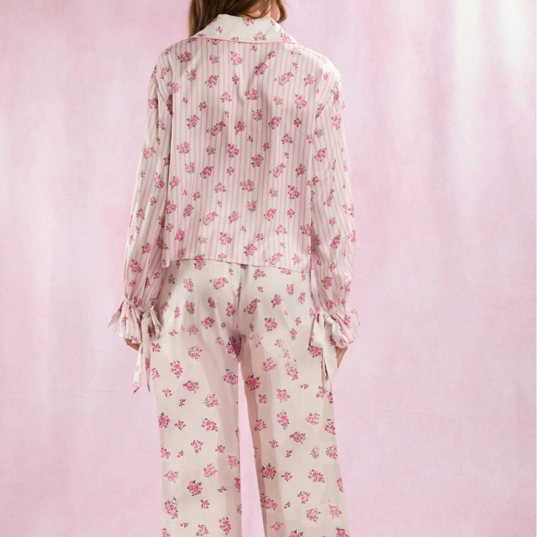 Silk-like Printed Floral Long-sleeved Lapel Pajamas Suit