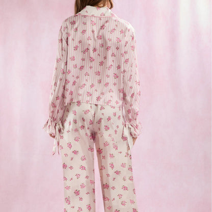 Silk-like Printed Floral Long-sleeved Lapel Pajamas Suit