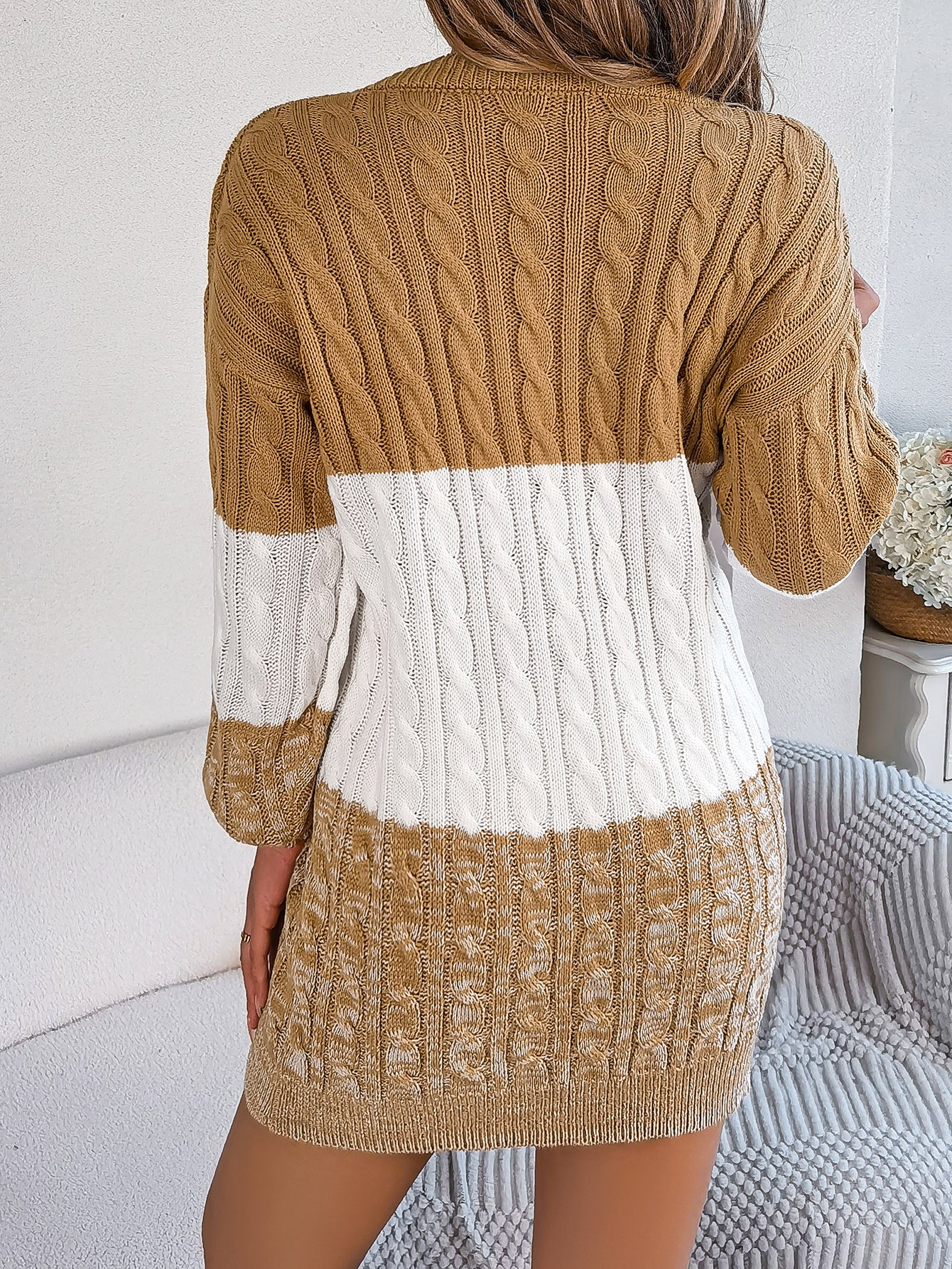 Casual Color Block Cable Knit Lantern Sleeve Sweater Dress