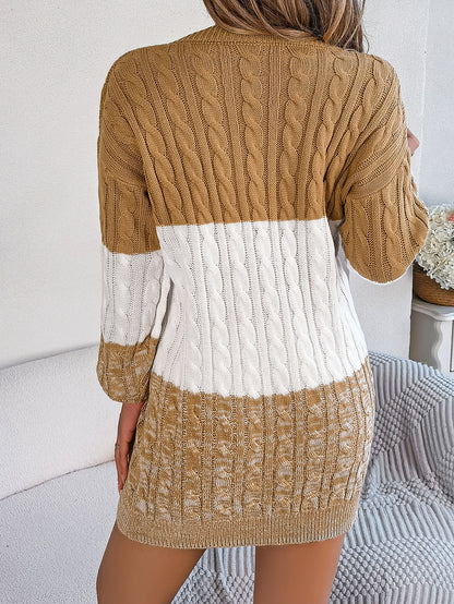 Casual Color Block Cable Knit Lantern Sleeve Sweater Dress