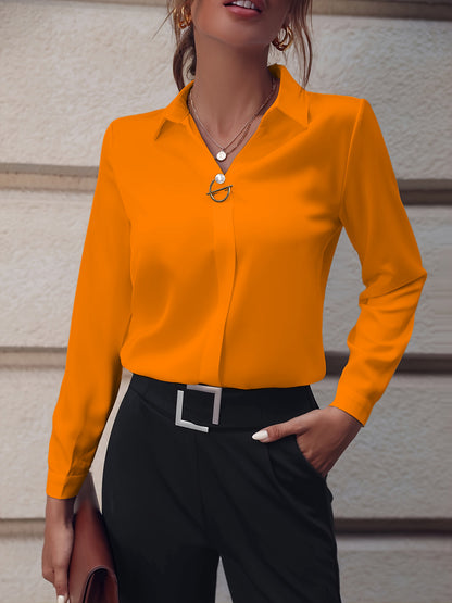 Commuter V-neck Long-sleeved Shirts Ins Fashion Solid Color Pullover Top Autumn And Spring Women's Clothing