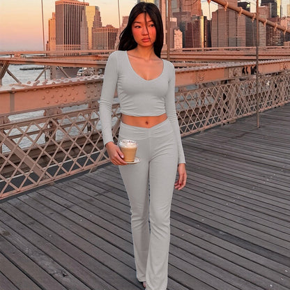 Fashion Midriff-baring Long Sleeve Top Waist-tight Solid Color Wide-leg Pants Suit
