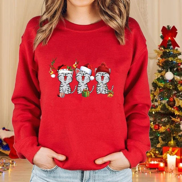 Lady Christmas Cat Round Neck Sweater Long Sleeve