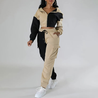 Women's Color Block 2 Piece Set, Full Zip Up Cropped Hoodie Jacket & Drawstring Cargo Pants, Casual Streetwear Outfit