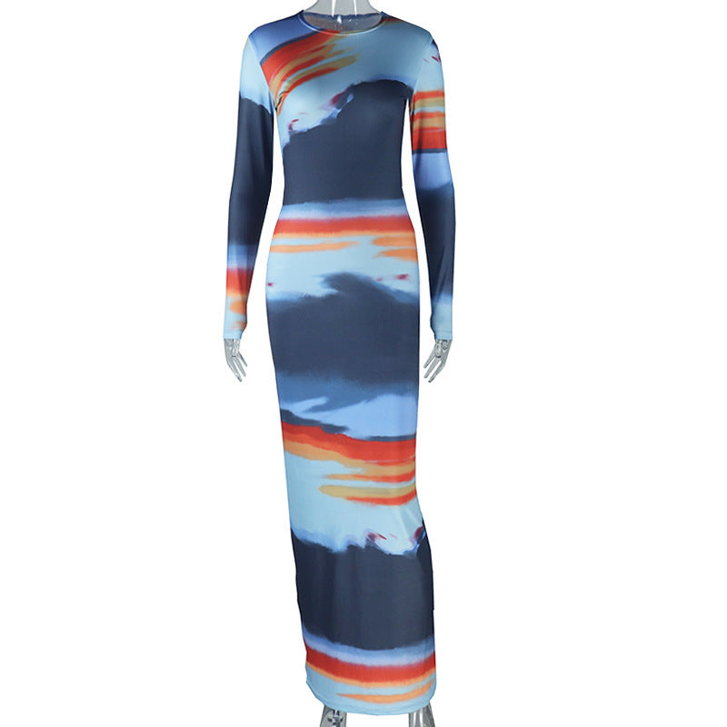 Printed Slim-fit Round-neck Long-sleeve Bodycon Dress For Women