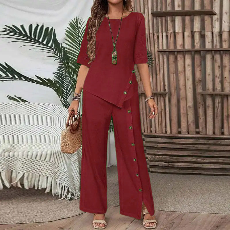 Elegant And Fashionable Casual Button Half-sleeve Shirt Loose Two-piece Set
