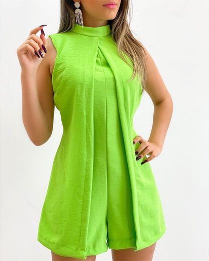Green Sleeveless Front Slit One-piece Shorts