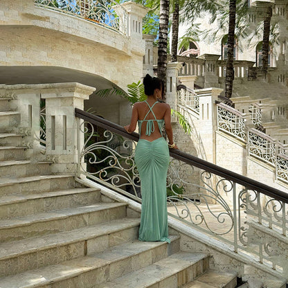 Fashionable Sexy Deep V Backless Solid Color Draped Design Waist-cinching Dress