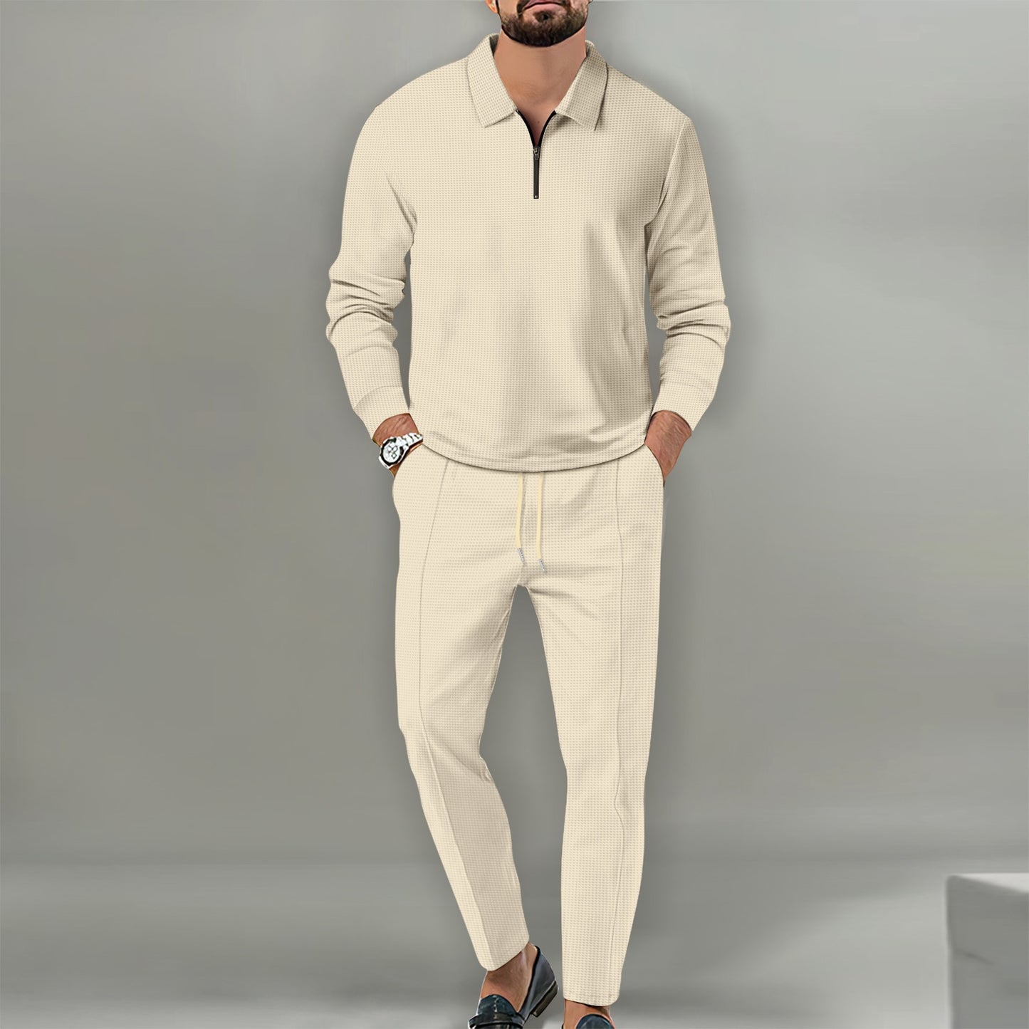 Waffle Solid Color Zipper Long Sleeve Trousers Suit Men