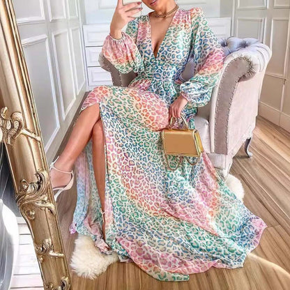 Women's Lantern Sleeve Color Leopard Print Casual Dress