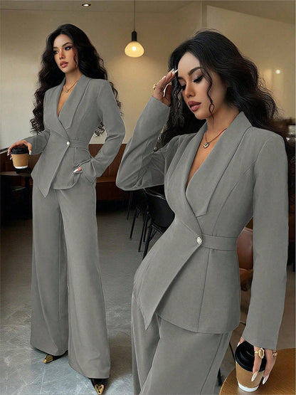 Women's Long-sleeved Suit Jacket Straight-leg Pants Top And Bottom