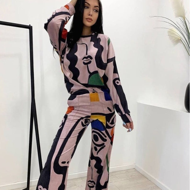 Womens Personalized Printed Graffiti Long-Sleeve Shirt And Straight-Leg Pants Set