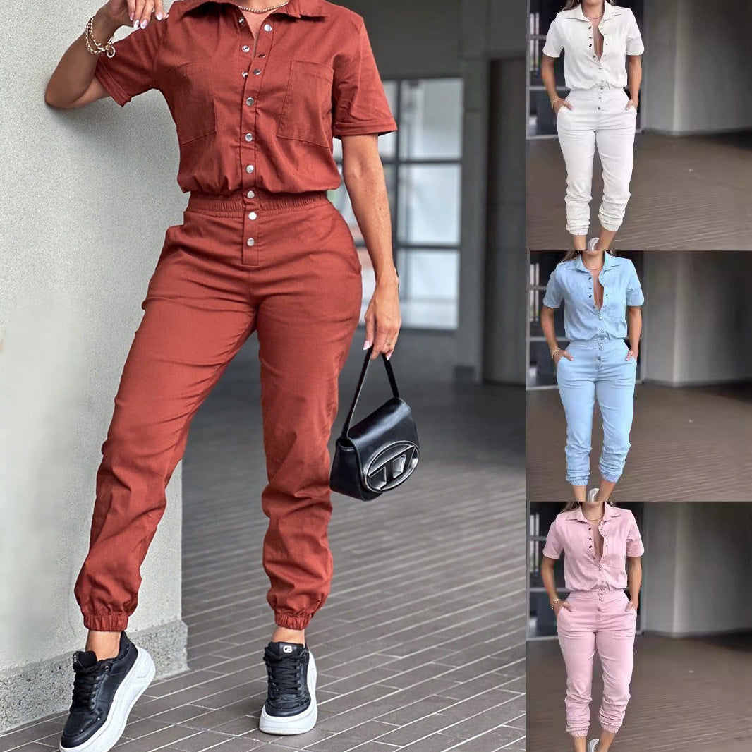Women's Ankle-tied Lapel Pocket Waist Elastic Button Jumpsuit