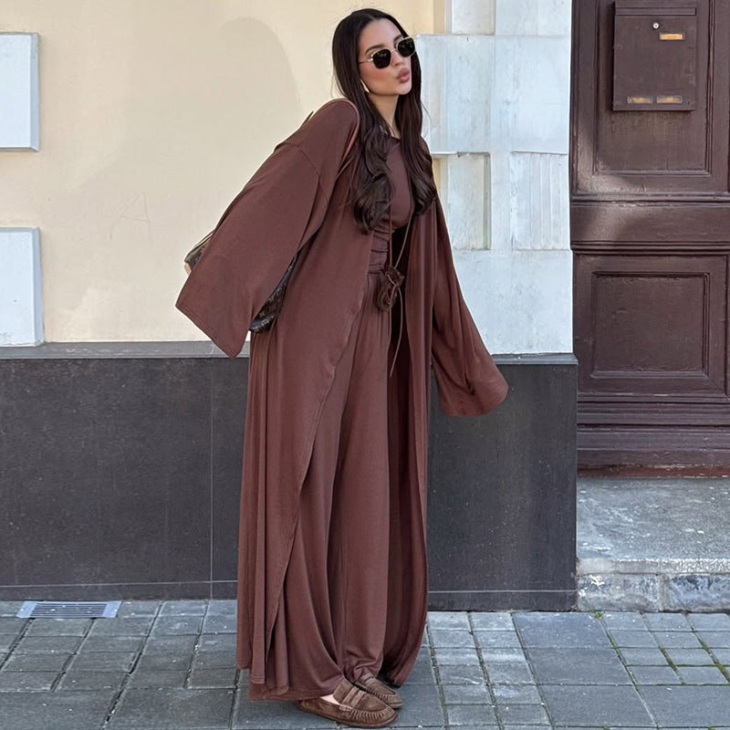 Casual Long Coat, Long-sleeve T-shirt, And High-waisted Long Pants Three-piece Set
