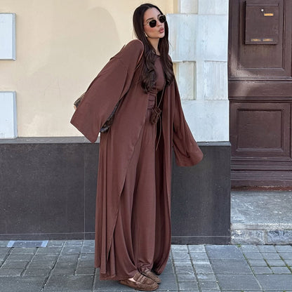 Casual Long Coat, Long-sleeve T-shirt, And High-waisted Long Pants Three-piece Set