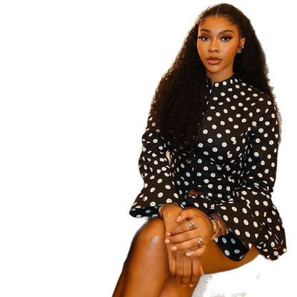 Waist-tied Polka Dot Pleated Long-sleeve Cardigan Zip-up Top And Skirt Two-piece Set