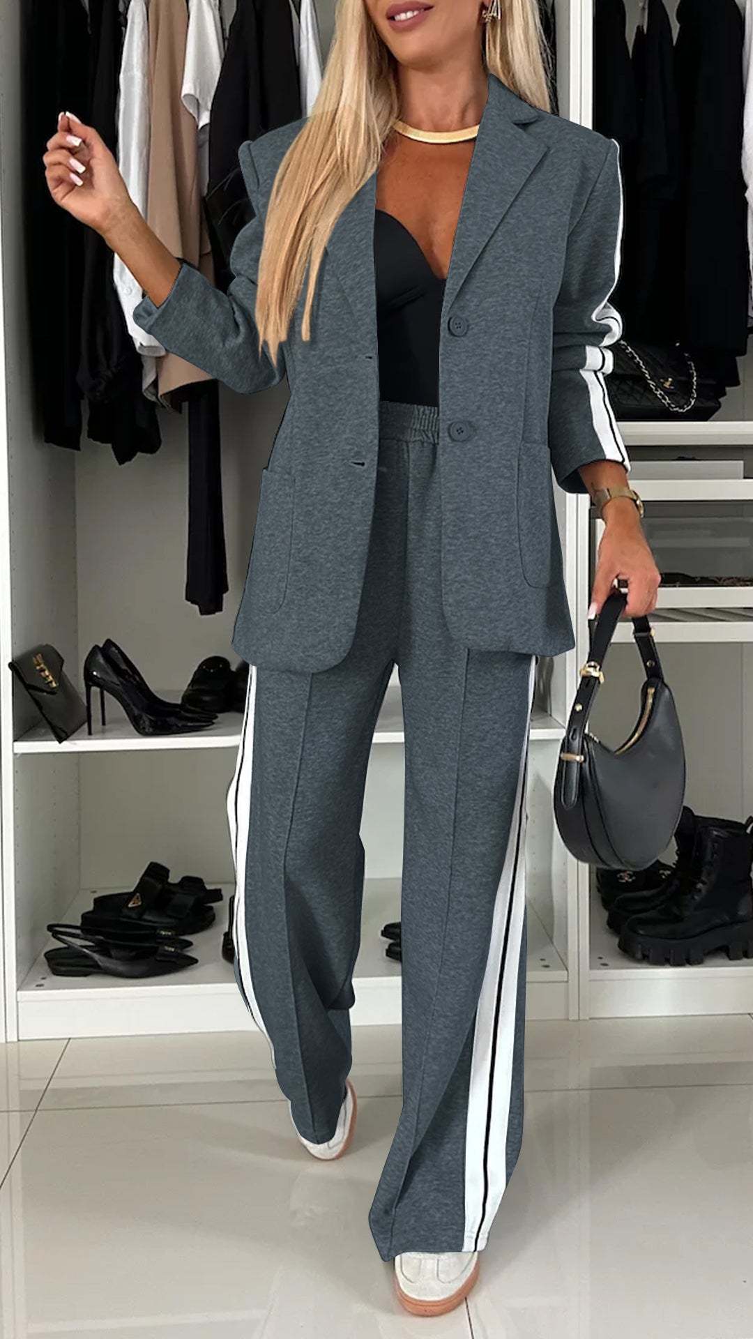 Women's Casual Suit Lapel Single-breasted Jacket And Striped Straight Pants Fashion Sports Trousers Suit Outerwears Clothing
